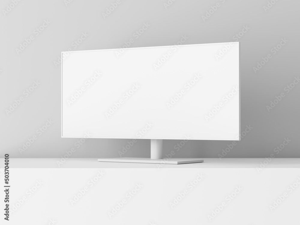 Modern Monitor white clay Mockup with blank screen on white cube, 3d rendering Modern Monitor white clay Mockup with blank screen on white cube, 3d rendering