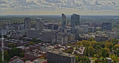 White Plains New York Aerial v8 fly around downtown area capturing cityscape of a mix of high rise and low rise architectures with nyc background - Shot with Inspire 2, X7 camera - October 2021