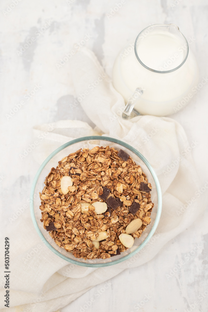 muesli with nuts and chocolate in th bowl muesli with nuts and chocolate in th bowl