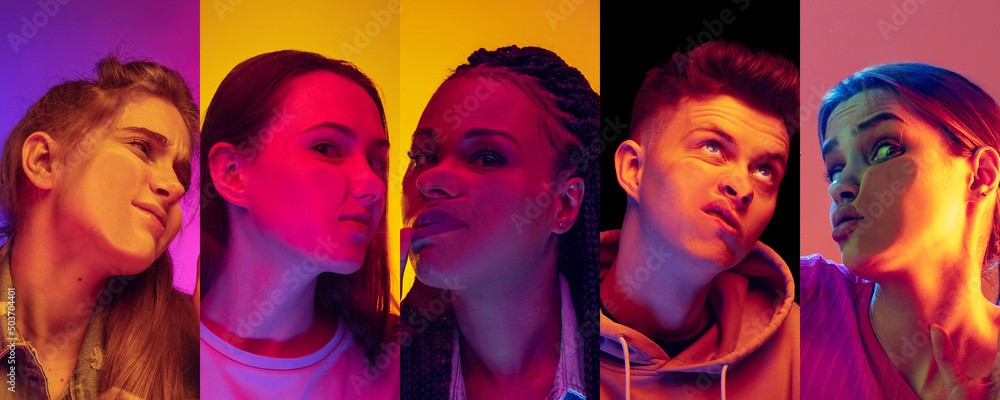 Set of close-up faces of young girls and boys crushed on glass isolated on colored background in neon. Models leaning against glass