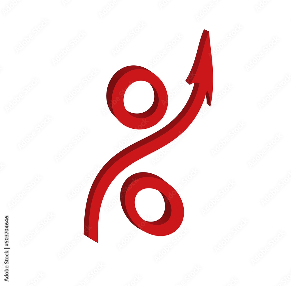 Creative curved red 3d Percent sign with arrow. Bar chart and graph. Rising prices. Inflation concept. Finance and Economy. Financial planning and markets. Percentage symbol. Interest rate. Discount. Creative curved red 3d Percent sign with arrow. Bar chart and graph. Rising prices. Inflation concept. Finance and Economy. Financial planning and markets. Percentage symbol. Interest rate. Discount.