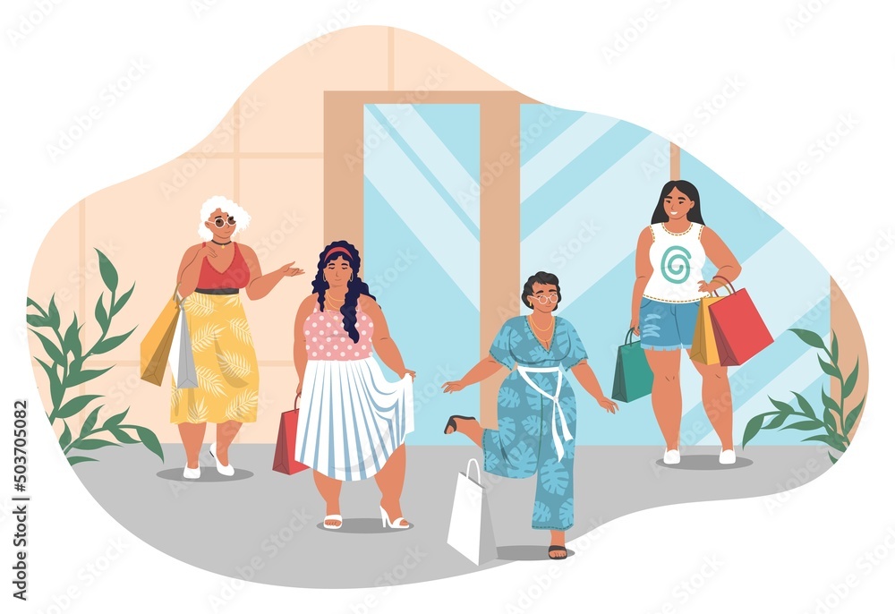 Fototapeta premium Oversize woman after clothing shopping flat vector