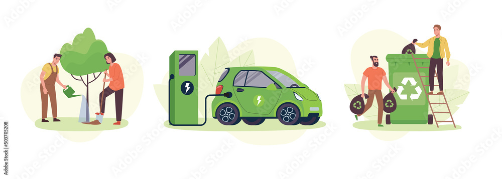 The concept of caring for the environment. People plant a tree, sort garbage, recycle organic waste, an electric car charges the battery from the station. Eco illustration,green lifestyle. Vector flat The concept of caring for the environment. People plant a tree, sort garbage, recycle organic waste, an electric car charges the battery from the station. Eco illustration,green lifestyle. Vector flat
