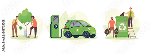 The concept of caring for the environment. People plant a tree, sort garbage, recycle organic waste, an electric car charges the battery from the station. Eco illustration,green lifestyle. Vector flat