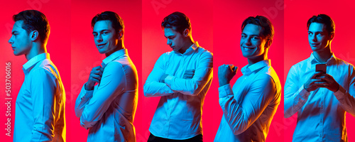 Set of portraits of young handsome man in white shirt smiling, looking away, posing isolated over red studio background in blue neon light.