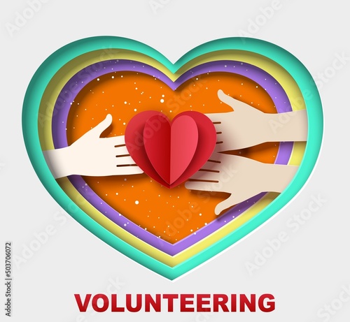 Volunteering heart paper cut art vector 3d design