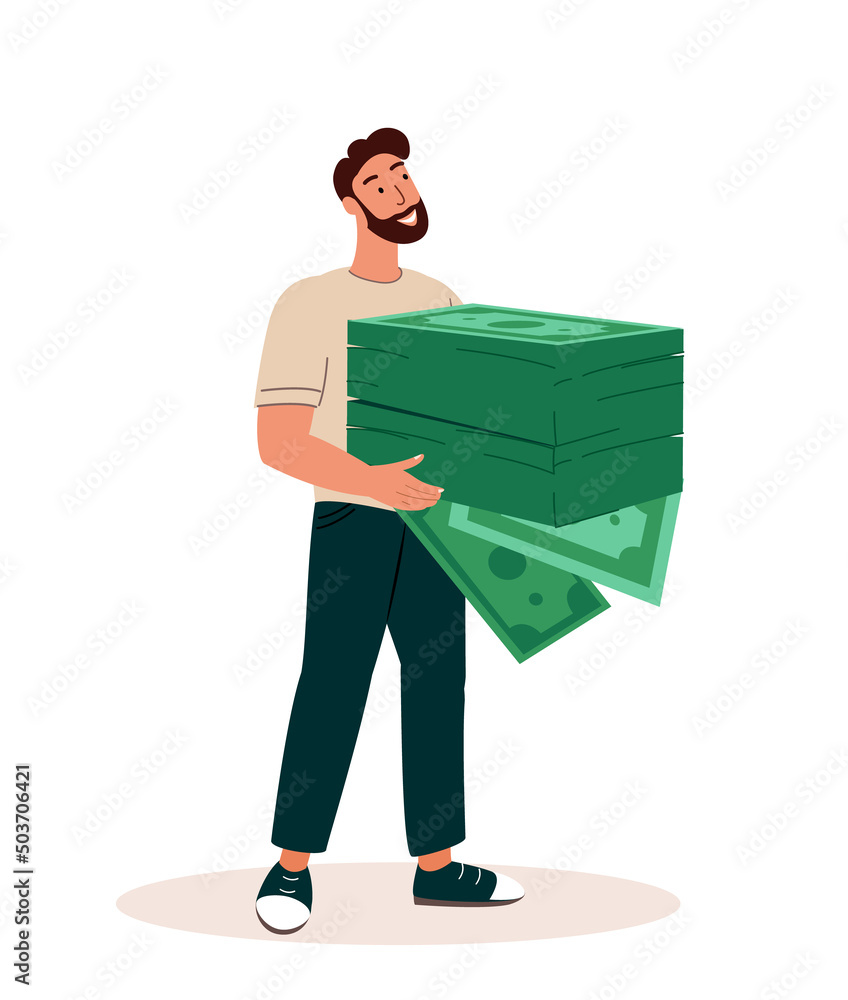Male Character Keeps Huge Pile of Money Cash.Take a Loan for Business opening,Rich,Finace Development,Wealth Concept.Investment Growth,Budget Savings,Deposit.Cartoon Fat Vector Illustration Isolated Male Character Keeps Huge Pile of Money Cash.Take a Loan for Business opening,Rich,Finace Development,Wealth Concept.Investment Growth,Budget Savings,Deposit.Cartoon Fat Vector Illustration Isolated