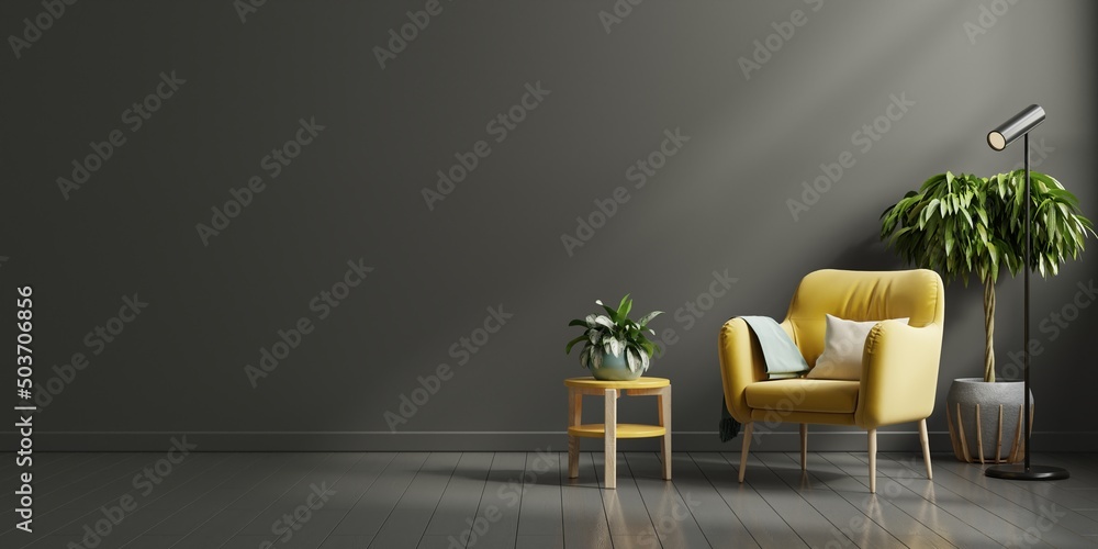 Interior wall mockup in dark tones with yellow armchair on black wall background. - obrazy, fototapety, plakaty 