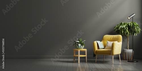 canvas print motiv - Vanit่jan : Interior wall mockup in dark tones with yellow armchair on black wall background.