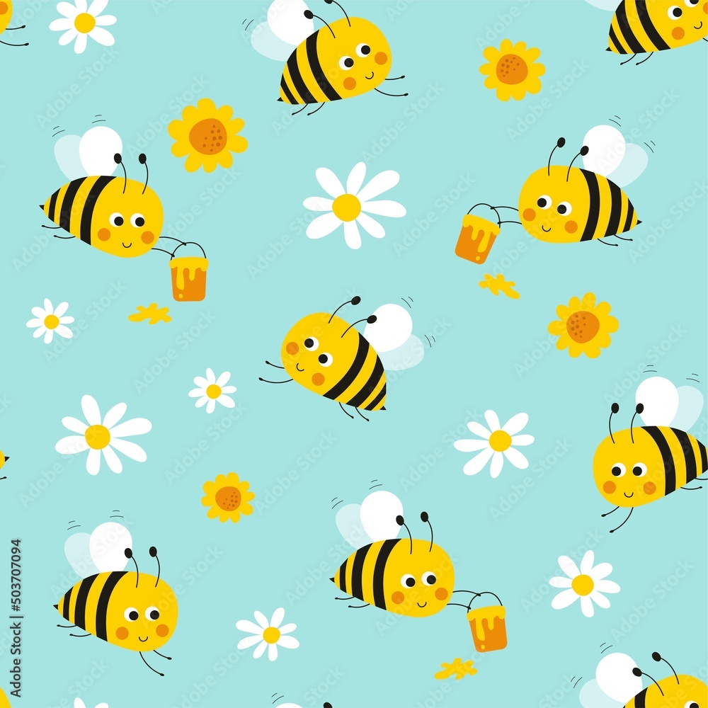 Seamless patern with cute bee. Vector illustrations