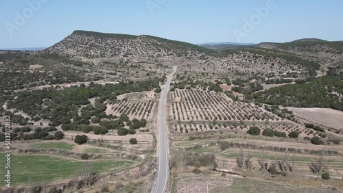 Aerial views from Mora de Rubielos, Teruel, Aragón, Spain. Drone views from the road and the countryside.