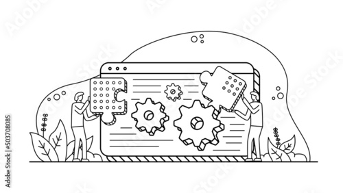 vector illustration of a web with people arranging puzzles around it, line art style
