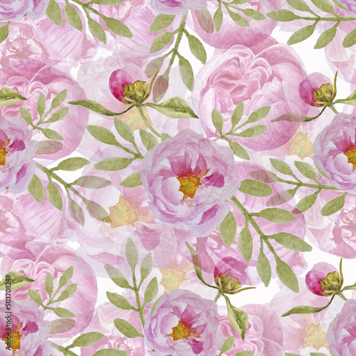 Seamless watercolor hand-drawn pattern. Peonies and greenery