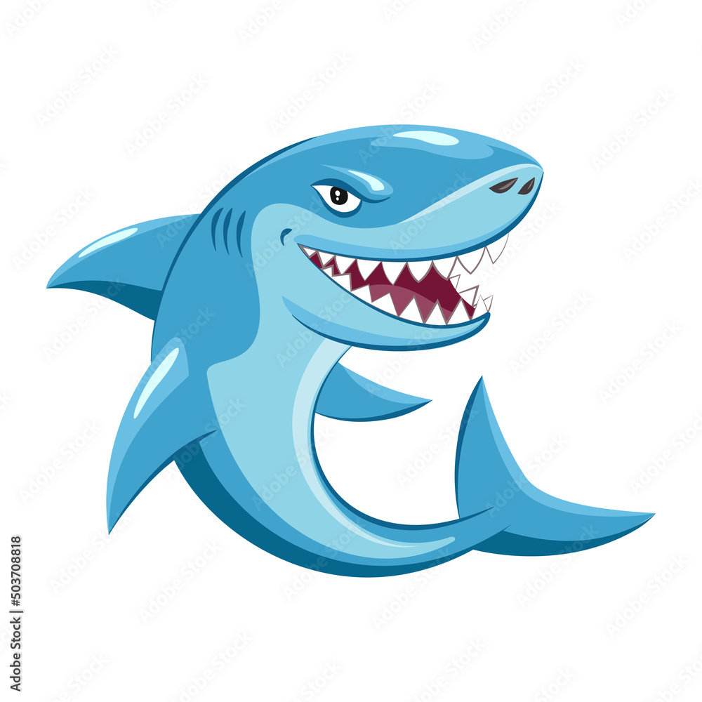 Naklejka premium Angry cartoon shark. Vector logo or mascot isolated on white background