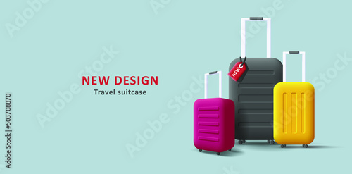 Travel suitcase 3d illustration, render style luggage bags of different size. Vector illustration
