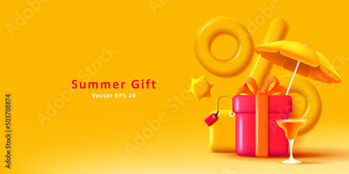 Summer 3d composition with gift box and umbrella with suitcase, travelling vacation promo. Vector illustration