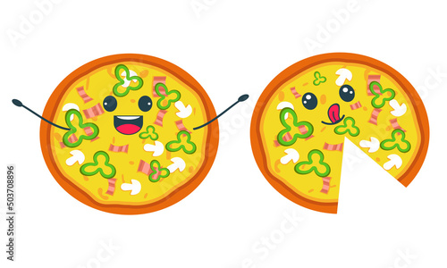 Whole kawaii pizza with bacon toppings. Fast Food Illustration