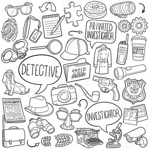 Detective Doodle Icons. Hand Made Line Art. Private Investigator Clipart Logotype Symbol Design.