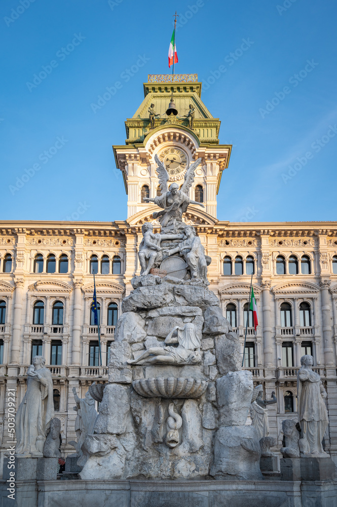 Fountain of the Four Continents in Trieste, in front of the Town, Piazza Unità d'Italia