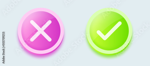Set of check mark and cross mark button in green and red color for web and app interface. Vector illustration.