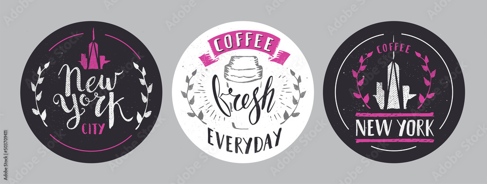 Set of Coffee Lettering for  Cafe. New York. Fictitious name Template. Hand Drawn Calligraphy Pen Brush Vector.