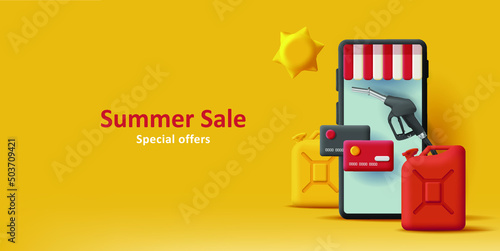 Web summer promo banner for application for gas station with 3d smartphone illustration with fuel canisters and gas nozzle. Vector black illustration