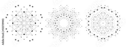 Set of Symmetric Lattice Shape, Molecular Structure with Thin Lines and Dots. Mandala. Fractal.