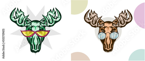 Set of Elk head with Sunglasses. Moose stylish head. Wild animal. Hunting logo. Tattoo tribal style..