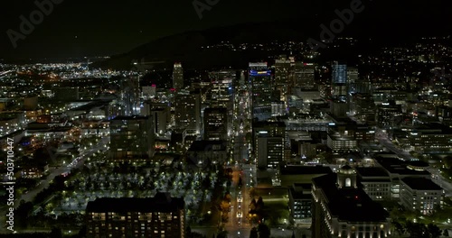 Salt Lake City Utah Aerial v42 establishing shot fly down across central downtown capturing night cityscape across neighborhoods and streets - Shot with Inspire 2, X7 camera - October 2021 photo