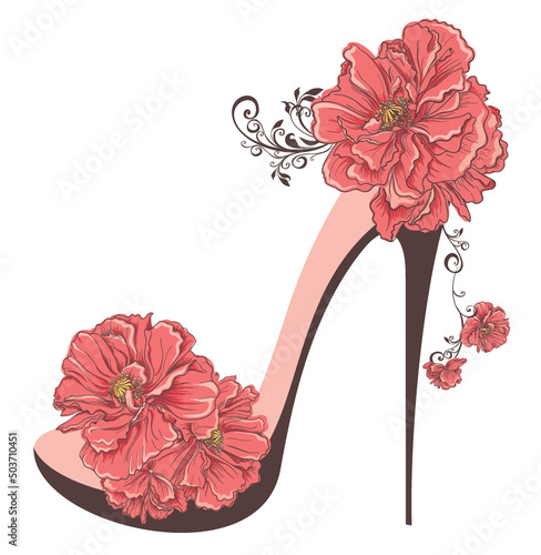 Fashion High Heel women shoes decorated with red flowers. Stylish girl Stiletto heels, Vector illustration