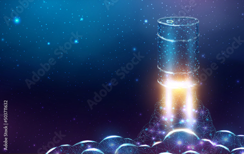 Barrel with oil launch, wireframe polygonal style. The price of oil is falling or growth concept with glowing low poly barrel of petroleum. Futuristic modern abstract background. Vector illustration