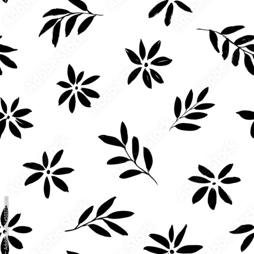 Simple black flowers hand drawn seamless pattern. Black brush small flower silhouettes. Chamomile, daisy and chrysanthemum vector silhouettes. Summer botanical background. Leaves and small branches © Анастасия Гевко