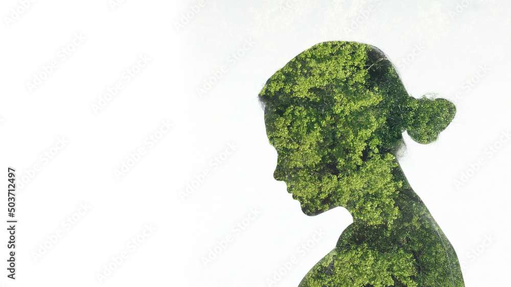 Save forest. Ecology problem. Nature conservation. Double exposure profile silhouette of upset depressed girl face with green trees foliage isolated on white empty space. Save forest. Ecology problem. Nature conservation. Double exposure profile silhouette of upset depressed girl face with green trees foliage isolated on white empty space.