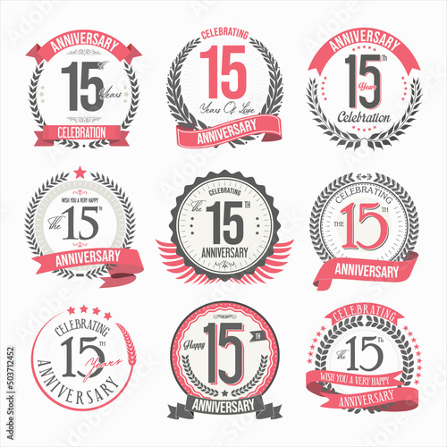 Collection of anniversary badges and labels retro design 
