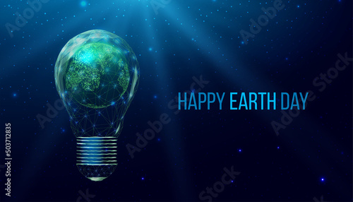 Wireframe polygonal plant in a lightbulb. Saving energy ecology concept with glowing low poly plant in bulb. Futuristic modern abstract. Isolated on dark blue background. Vector illustration