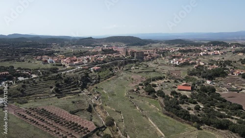 Aerial views from Mora de Rubielos, Teruel, Aragón, Spain. The drone is arriving to town. 