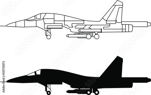 Su-34 Russian fighter-bomber aircraft icon, drawing, diagram and silhouette of the aircraft vector image. photo