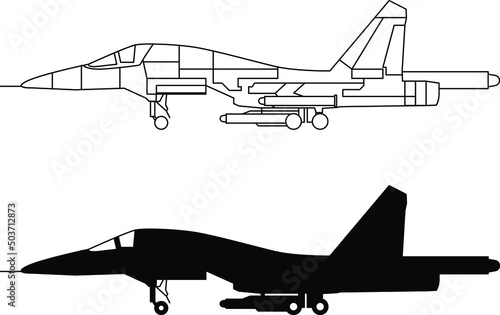 Su-34 Russian fighter-bomber aircraft icon, drawing, diagram and silhouette of the aircraft vector image.