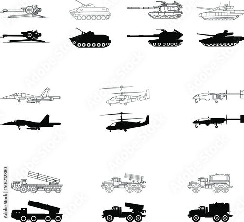 Military equipment tanks, aircraft, helicopters, unmanned aerial vehicles, air defense, MLRS, howitzers, fuel trucks and others icon, drawing, diagram and silhouette vector image.