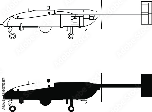 Fotografie, Tablou Unmanned aerial vehicle military icon, drawing, diagram and silhouette vector image