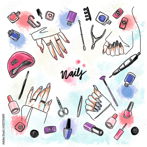 Watercolor seamless pattern with nail polish. Vector illustration.