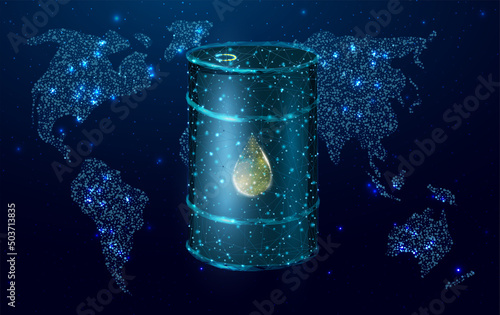 Barrel oil with globe map. Glowing barrel of petroleum. Wireframe low poly graphics. Isolated on dark blue background. Vector illustration