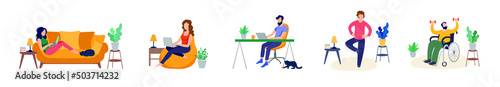 Vector Set of Different Home Activities, Working from Home and Leisure Indoor Time, People Spending their Time Usefully Isolated on White Background, People Diversity People at Home Quarantine TIme We