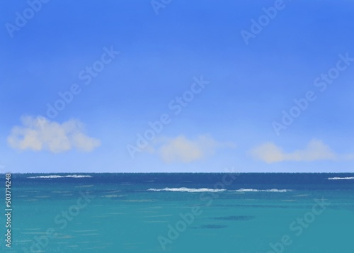 雲が浮かぶ青空と海の背景イラスト © Yamanami