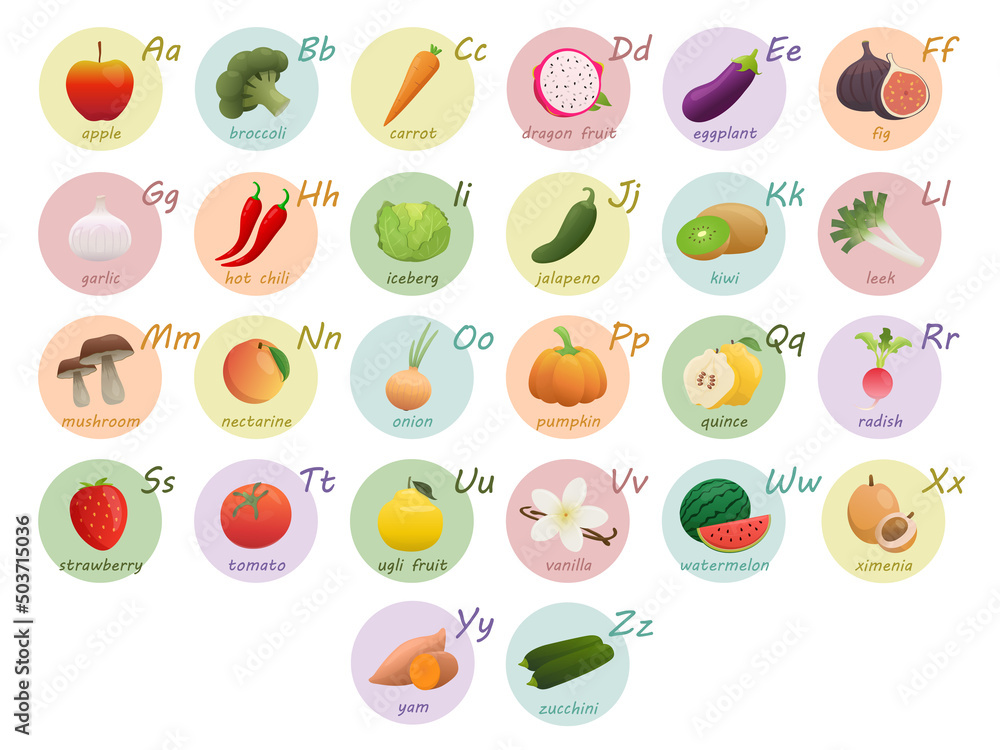 English Alphabet Vegetarian Food. Vector Design In Cartoon Style. Fruits and Vegetables Alphabet. English Alphabet Vegetarian Food. Vector Design In Cartoon Style. Fruits and Vegetables Alphabet.