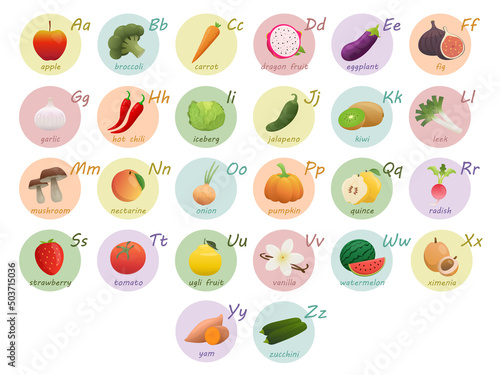 English Alphabet Vegetarian Food. Vector Design In Cartoon Style. Fruits and Vegetables Alphabet.