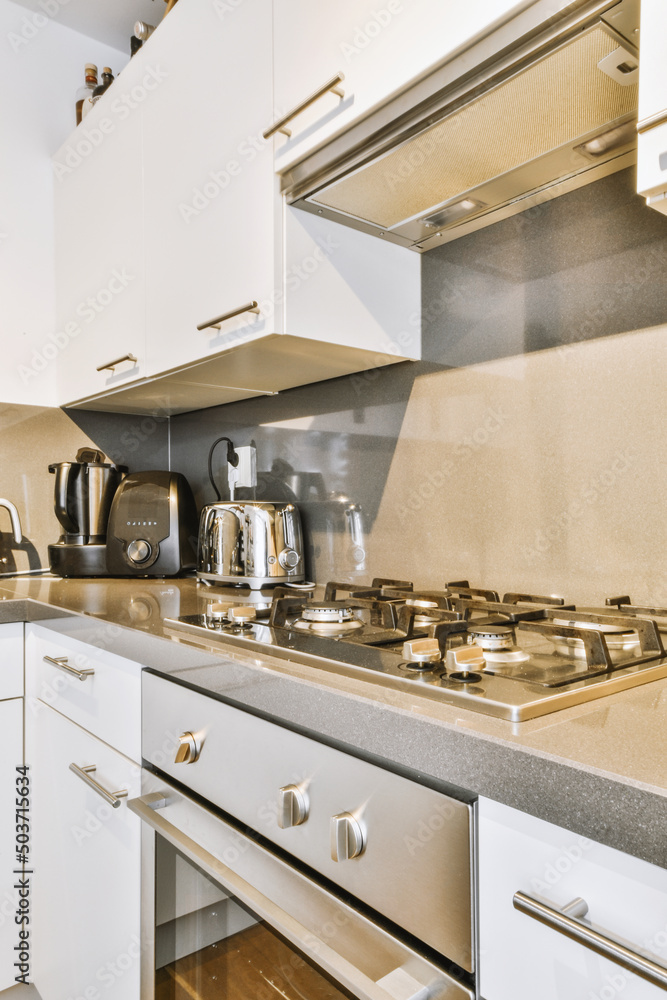 Contemporary kitchen with chrome built in appliances and white cabinets Contemporary kitchen with chrome built in appliances and white cabinets