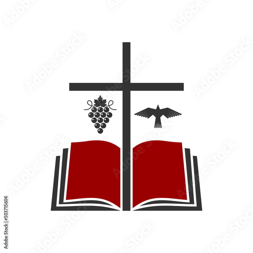 Christian illustration. Church logo. The cross of Jesus Christ, an open bible and a dove - a symbol of the Spirit.