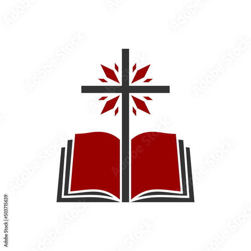 Christian illustration. Church logo. Cross of the Lord Jesus Christ and an open bible.