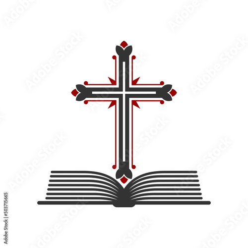 Christian illustration. Church logo. Cross of the Lord Jesus Christ and an open bible.